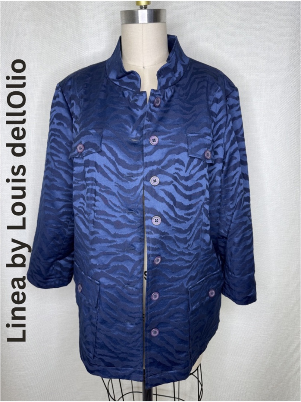 Linea Louis Dell’Olio Blue Zebra Jacket Size M Like New Luxe Statement